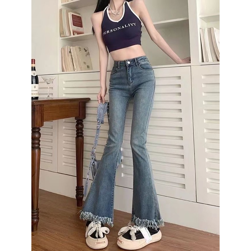 QUẦN JEAN ỐNG LOE LƯNG CAO MÀU XANH TUA RUA QUẢNG CHÂU