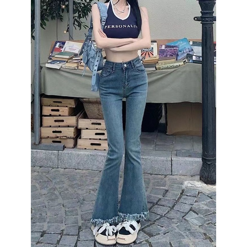 QUẦN JEAN ỐNG LOE LƯNG CAO MÀU XANH TUA RUA QUẢNG CHÂU