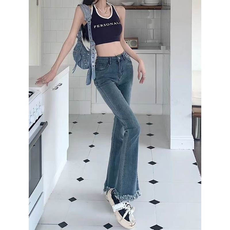 QUẦN JEAN ỐNG LOE LƯNG CAO MÀU XANH TUA RUA QUẢNG CHÂU