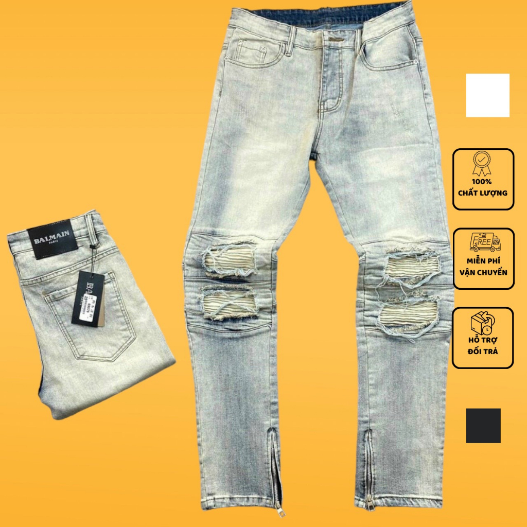 Quần JEANS Khói MIKENCO Vá Nhăn Quần Vá Gối Nam Khóa Kéo Ống Côn Phong Cách Trẻ Trung- QJ014