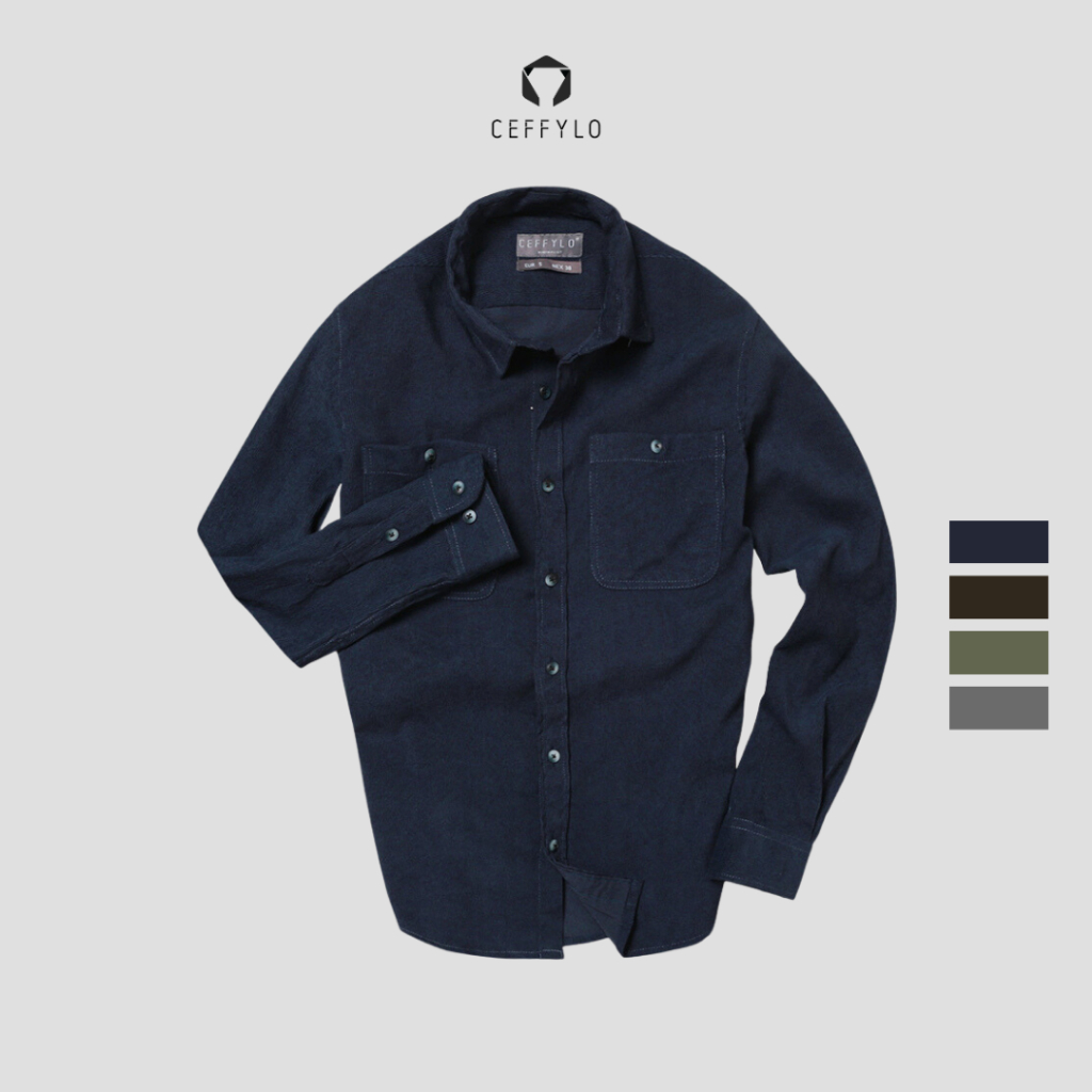 Áo Sơ Mi Nam Ceffylo Chất Liệu Nhung Tăm Màu Xanh Xanh Navy Form Slimfit Giữ Form Tốt Thoáng Mát Co Giãn Thời Trang Nam