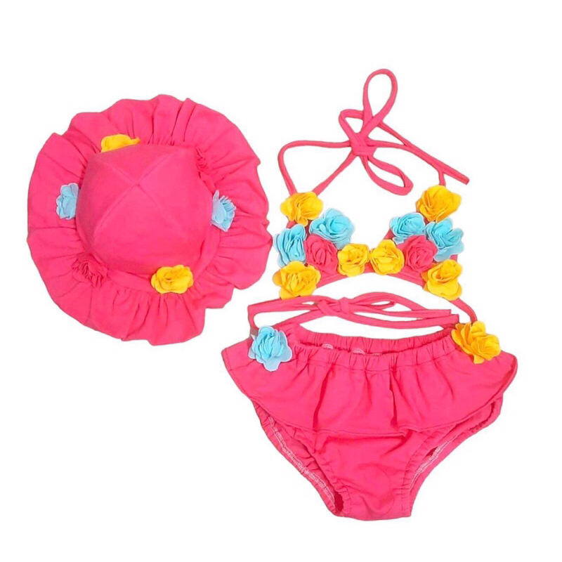 Bikini Đính Hoa 2 Mảnh Kèm Mũ Cho Bé Diện Hè|Đồ Bơi Bé Gái
