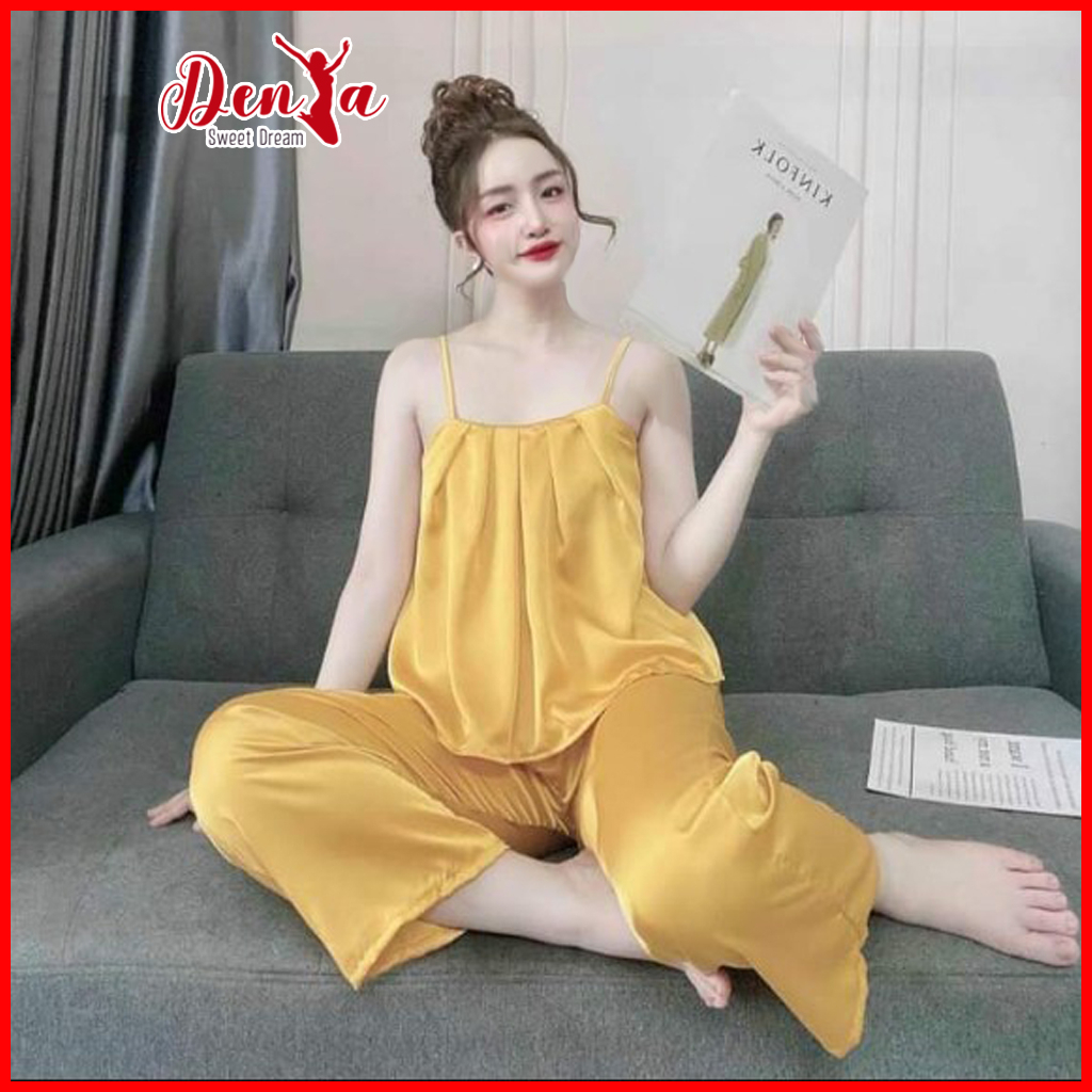 Đồ bộ ngủ hai dây cổ xếp ly quần dài chất satin DN54