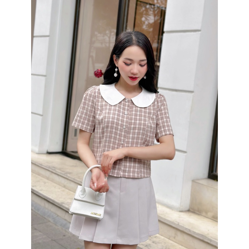 [ Ảnh thật + video ] Áo kẻ phối cổ sen so cute