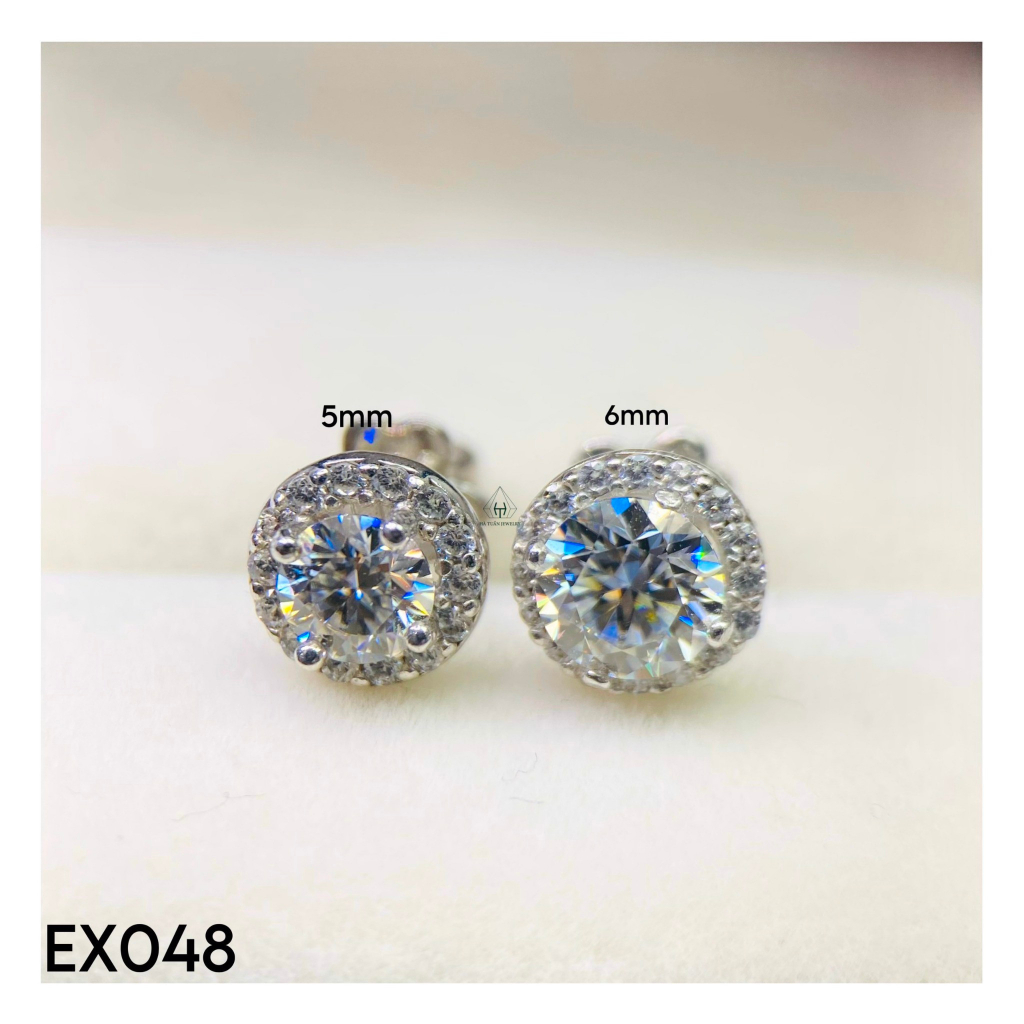 Bông tai Bạc viền tròn viên chủ đá Moissanite 57 giác 6mm Ex048
