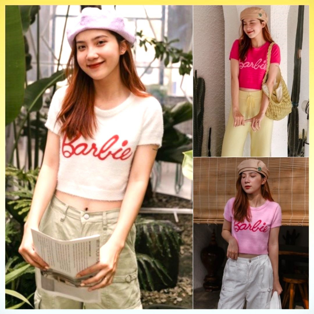 [L2M] Áo LEN BÔNG Montoghi dệt kim cổ tròn cộc tay in chữ Barbie màu sắc tươi tắn dễ thương