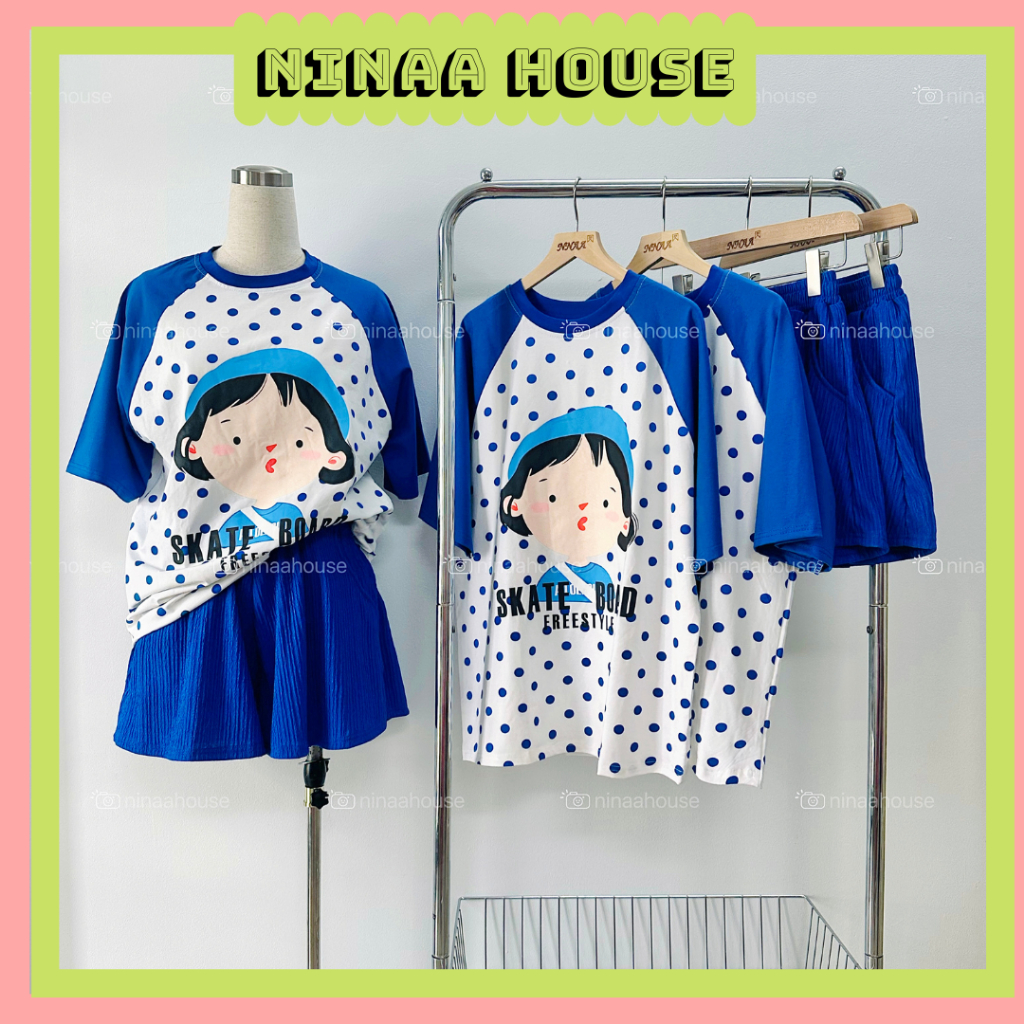 Set Áo Bi Xanh Raplan In Cô Bé Đáng Yêu Kèm Quần Váy Xoè Màu Xanh Coban Tôn Da - Ninaa House