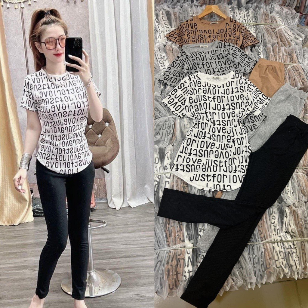 Set đồ bộ nữ quần ôm dài tay ngắn họa tiết chữ