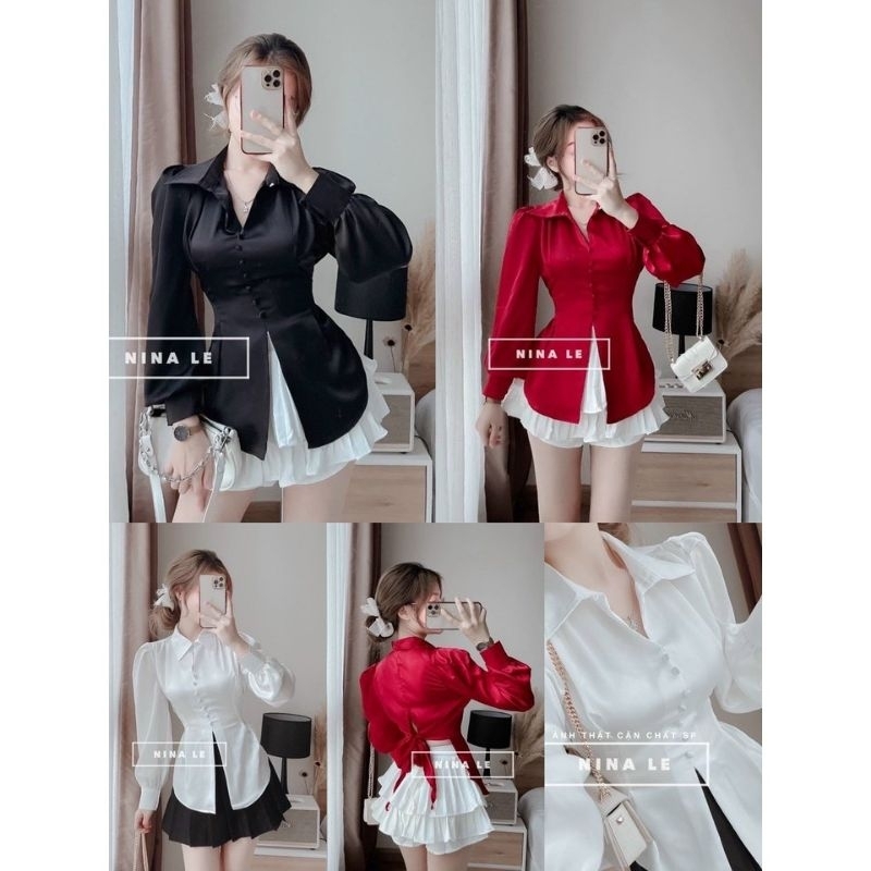 sét bộ nữ đi chơi sét đồ nữ áo sơ mi tay phồng thắt nơ lưng và chân váy ngắn xinh xắn dễ thương thời trang Bella 85