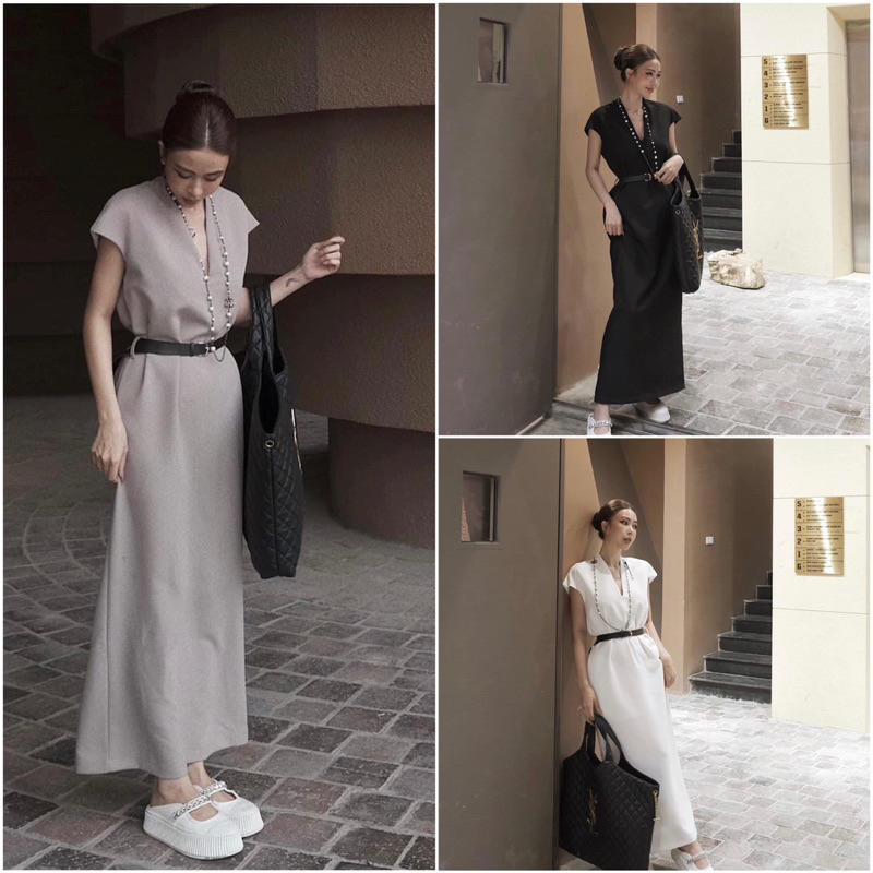 Váy xuông tuyết mưa 2 lớp cổ V kèm đai dáng dài