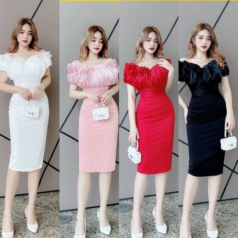 Đầm váy nữ body trễ vai cao cấp dự tiệc sang chảnh màu phối 4 màu tay lửng bồng stclothing 87