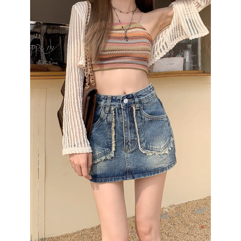 Chân váy jeans túi nhọn viền cắt tua siêu xinh ảnh cận chất TH jeans | BigBuy360 - bigbuy360.vn