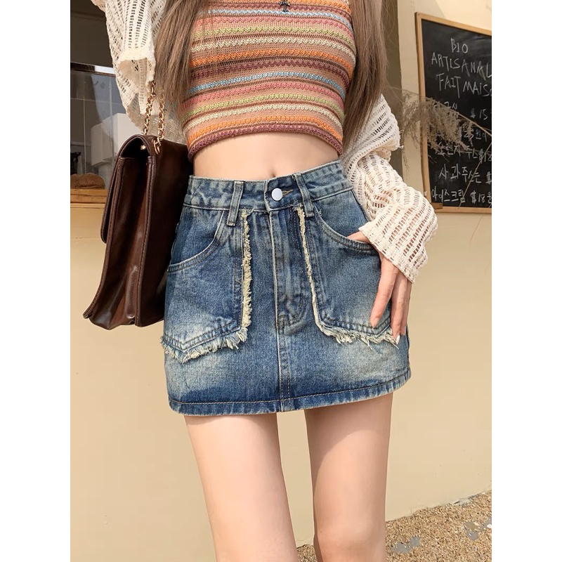 Chân váy jeans túi nhọn viền cắt tua siêu xinh ảnh cận chất TH jeans | BigBuy360 - bigbuy360.vn