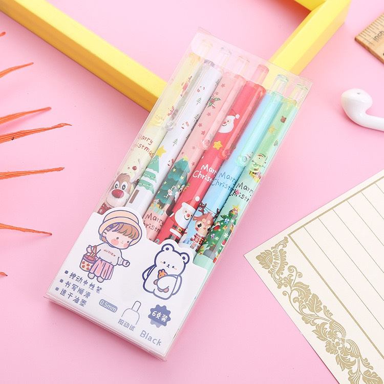 Set bút Bi đen cute nhiều màu sắc, hình bao bì dễ thương trong hộp nhựa
