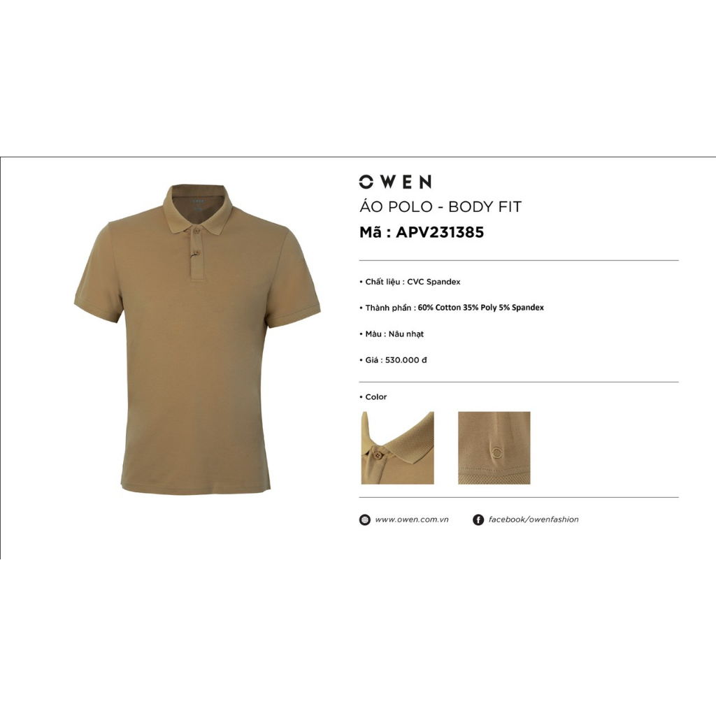 Áo polo owen màu nâu nhạt body fit vải cotton APV231385