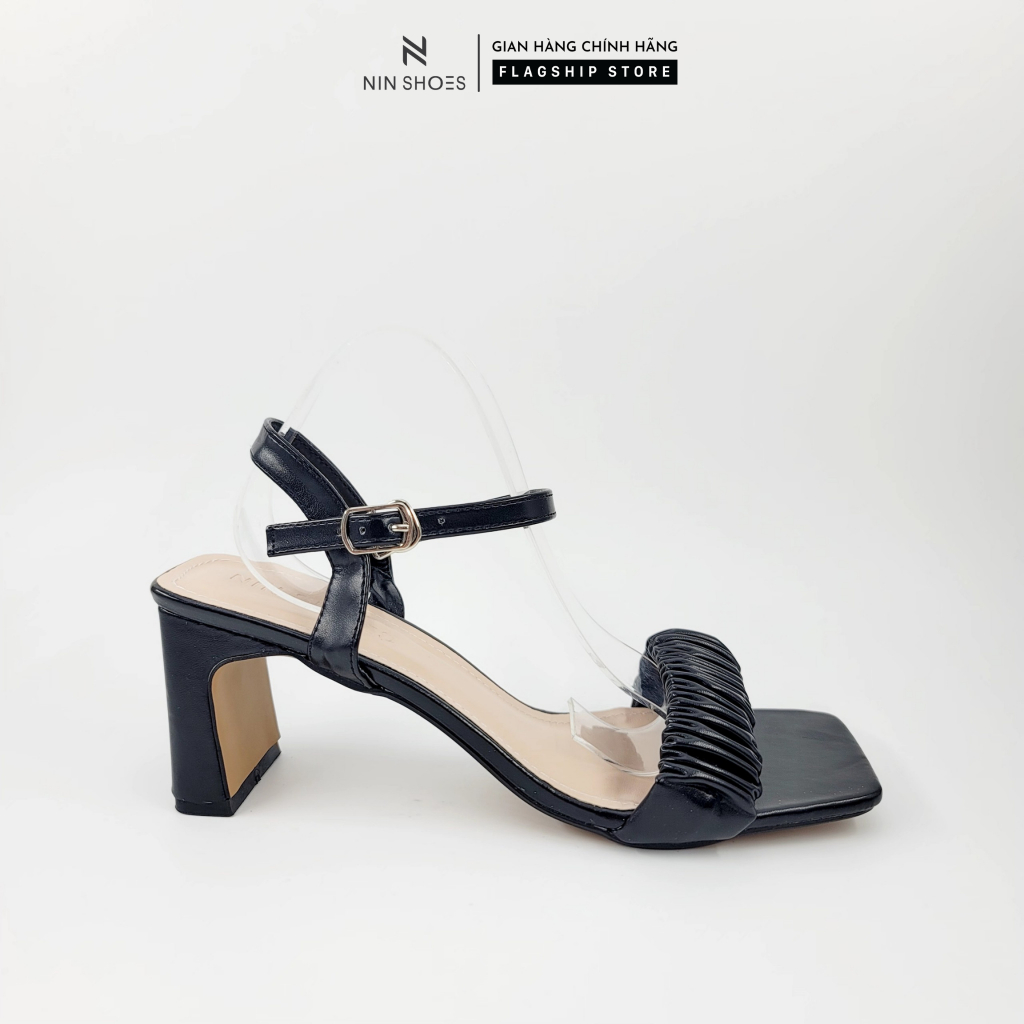 Sandal nữ Ninshoes cao gót 5 phân gót nhọn bầu mũi vuông quai nhúm chéo êm chân