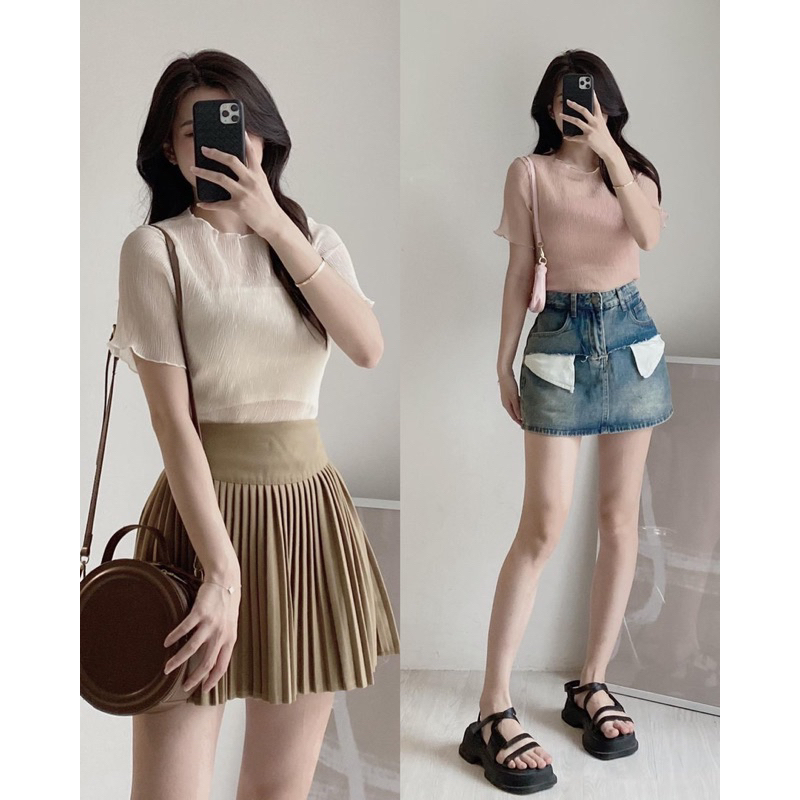 SET ÁO TƠ NHĂN CỘC TAY VIỀN BÈO KÈM QUÂY CÙNG MÀU”LOVE ME”