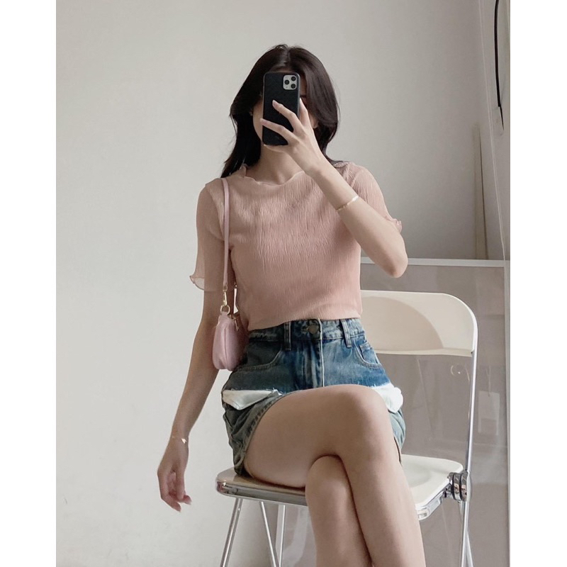 SET ÁO TƠ NHĂN CỘC TAY VIỀN BÈO KÈM QUÂY CÙNG MÀU”LOVE ME”