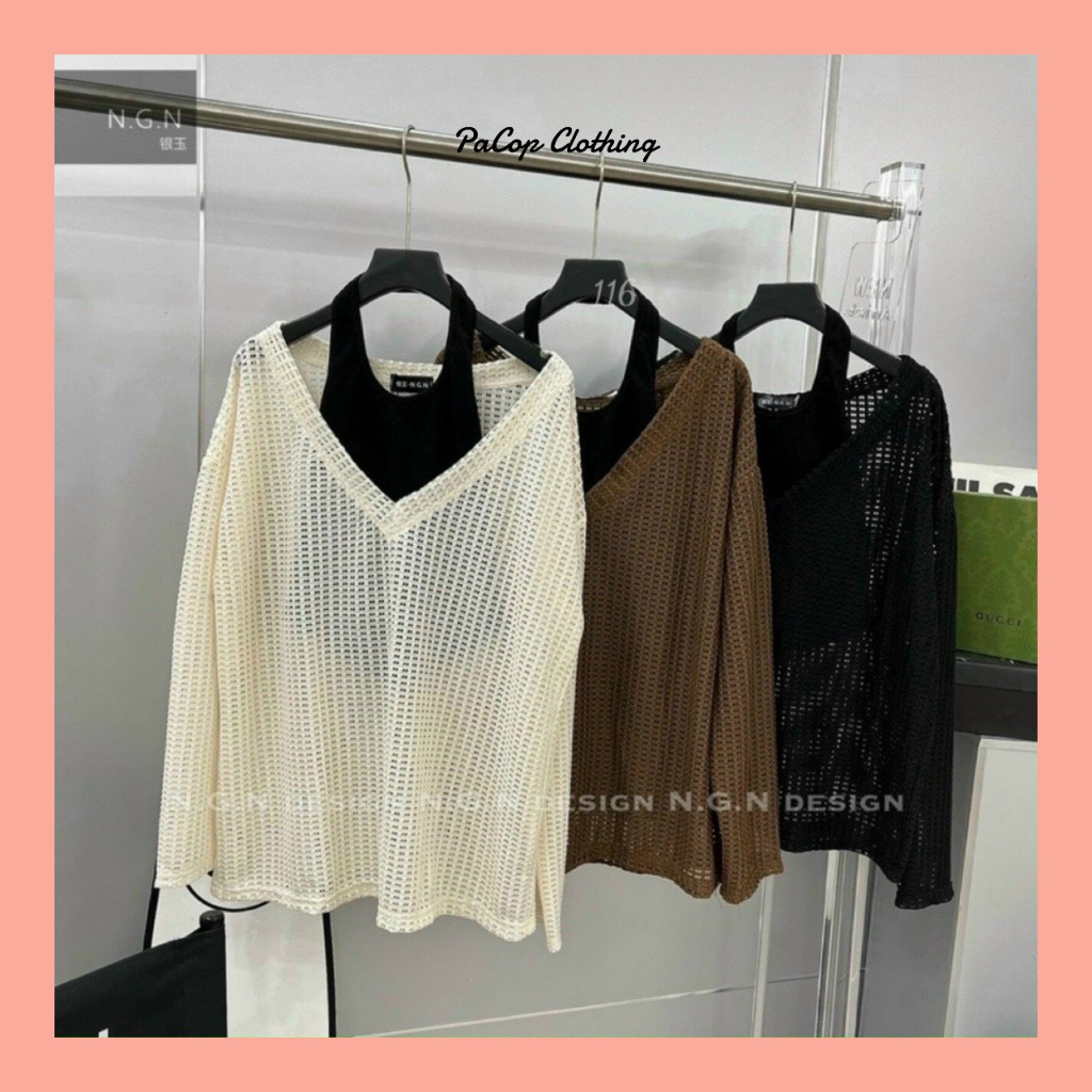 Set áo lưới tay dài cổ chữ V + áo yếm croptop form rộng , phong cách Hàn Quốc .