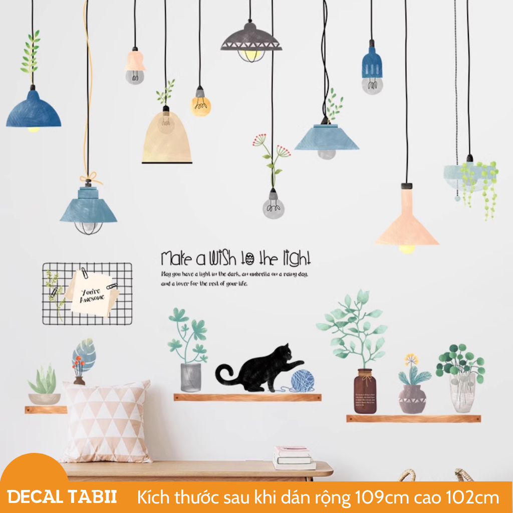 Decal dán tường đèn và mèo trang trí phòng ngủ phòng khách