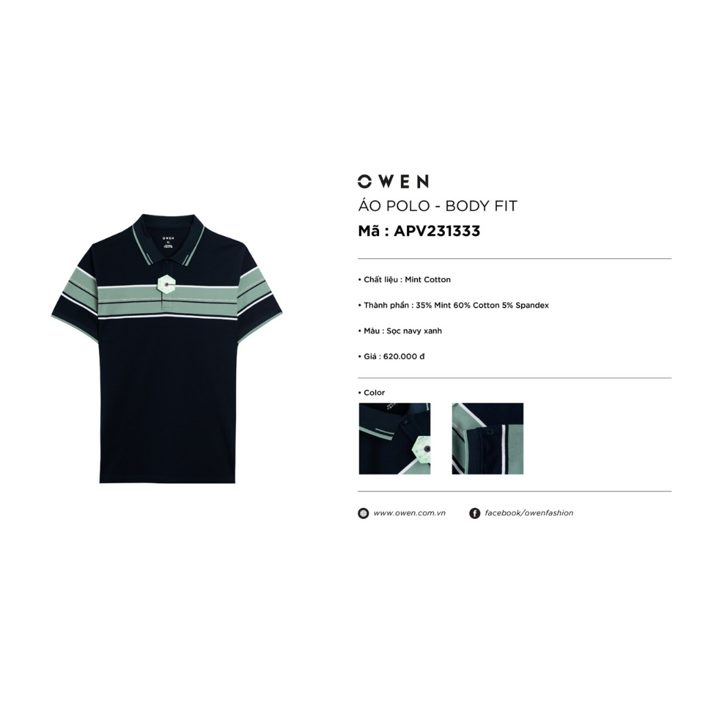 Áo polo owen màu navy kẻ ngang ngực body fit vải cotton bạc hà APV231333