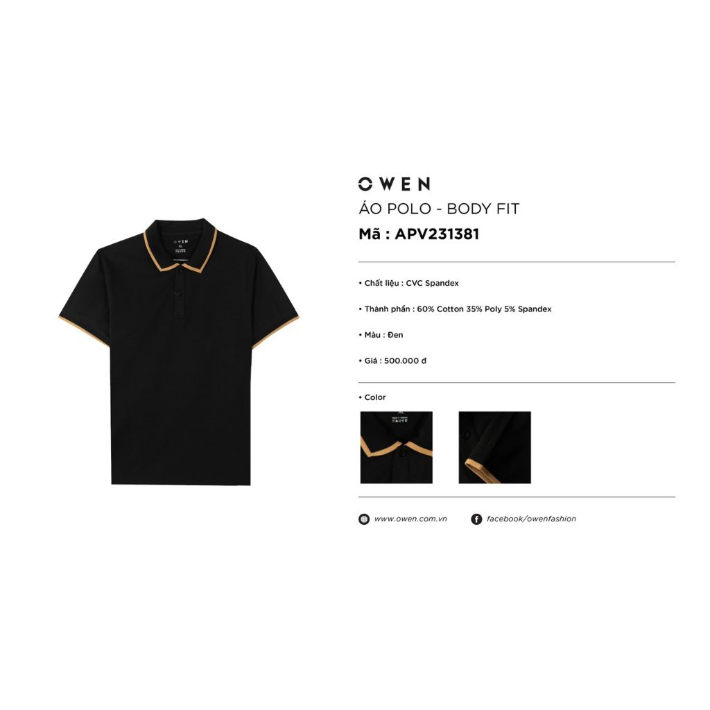 Áo polo owen màu đen body fit vải cotton APV231381