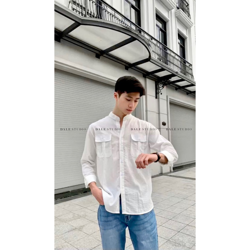 Áo sơ mi đũi nam dài tay cao cấp trẻ trung thanh lịch cổ trụ dáng suông