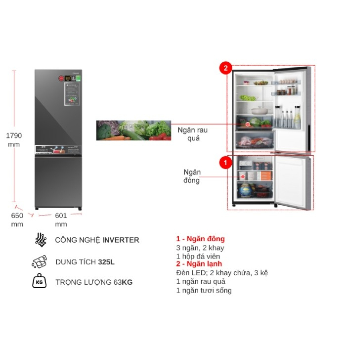 Tủ lạnh Panasonic Inverter 325 lít NR-BC361VGMV