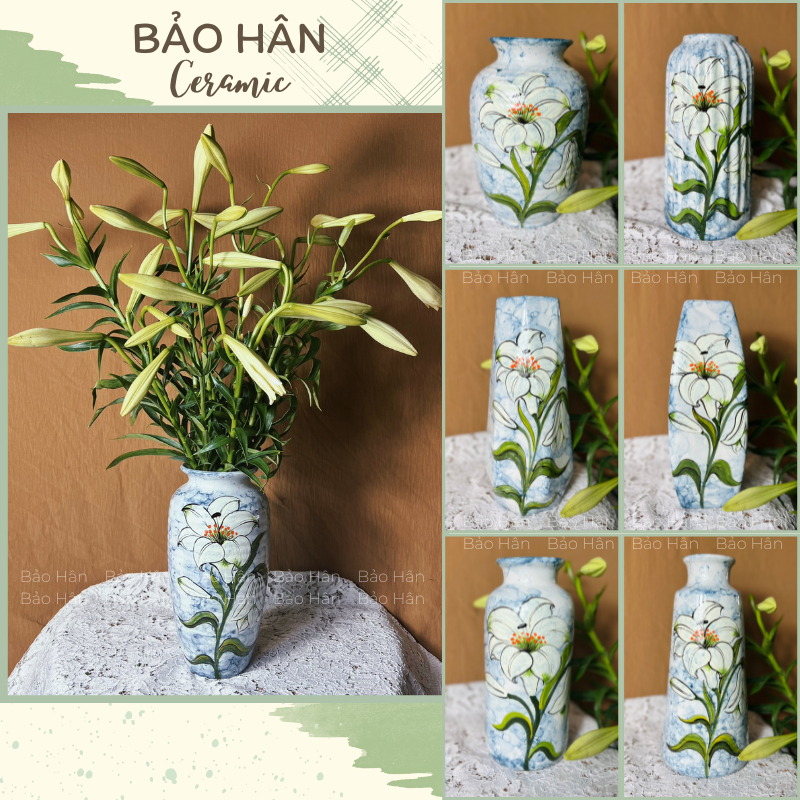 Lọ Hoa Loa Kèn Men Vân Đá Xanh Dương, Bình Hoa Đẹp Vẽ Tay - Bảo Hân Gốm Sứ Bát Tràng