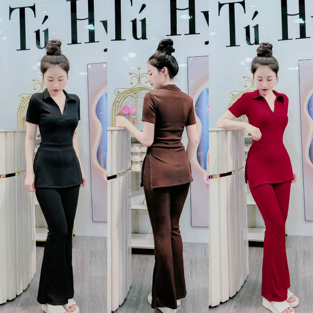 Set bộ thun gân áo tay ngắn cổ sơ mi xẻ tà 2 bên mix quần ống loe siêu tôn dáng, điệu đà phù hợp đi chơi, đi dạo phố