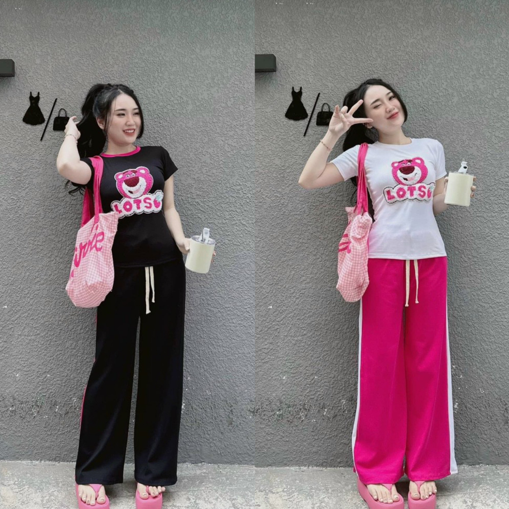 Set bộ đồ nữ thun gân áo tay ngắn thêu hình gấu đáng yêu mix quần ống rộng phối viền cực kì sang chảnh, tôn dáng