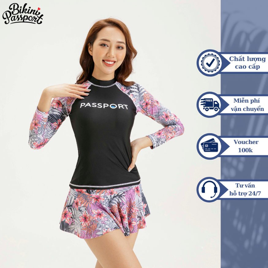 Đồ bơi nữ BIKINI PASSPORT kiểu hai mảnh tay dài, váy - màu Hồng - BS358_PK