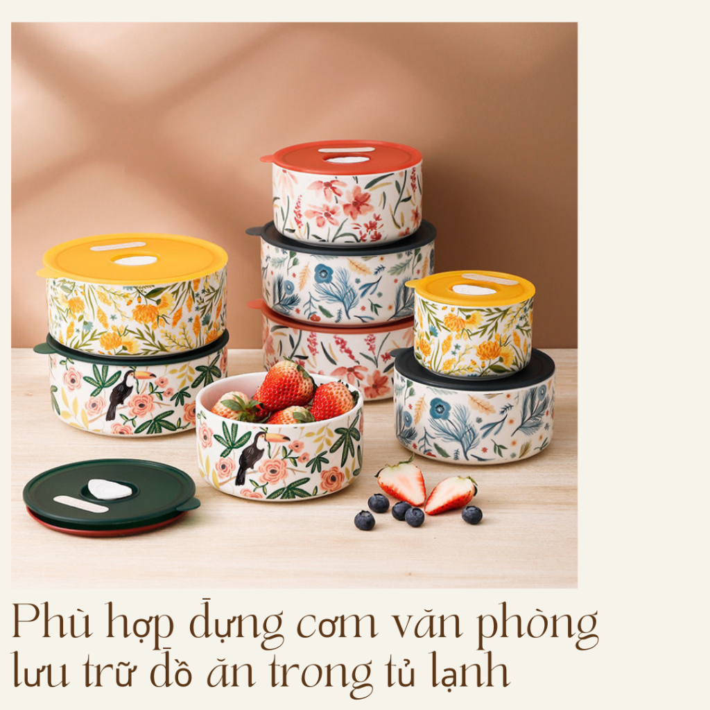 Hộp cơm văn phòng, hộp đựng thức ăn bằng sứ nắp hút chân không