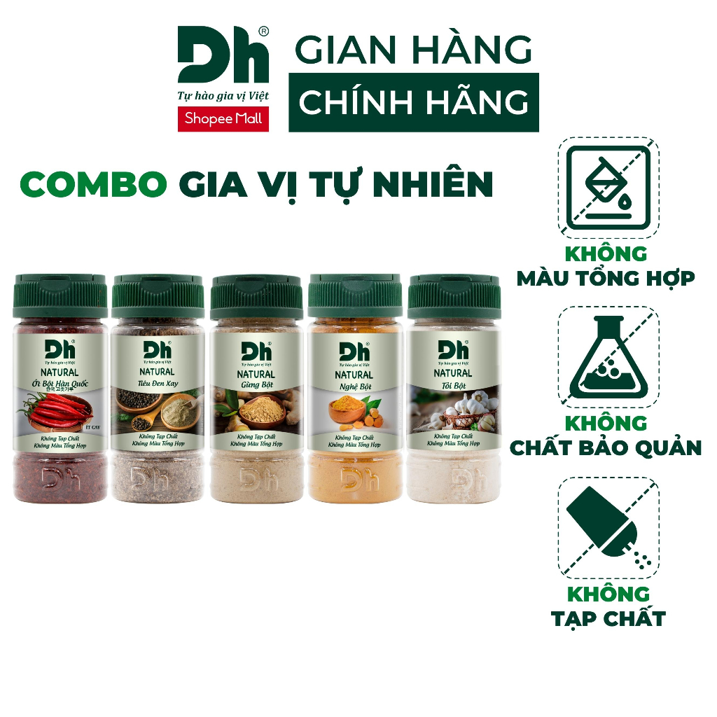 NEW Combo hộp gia vị tự nhiên Natural Dh Foods: Ớt bột Hàn Quốc, tiêu đen xay, bột gừng, nghệ, tỏi