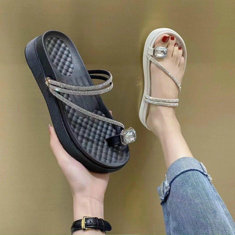 Dép Sandal Xỏ Ngón Đế Bánh Mì Quai Đính Đá, Mặt Đá Vuông Sang Chảnh Đi 2 Kiểu Cho Mùa Hè