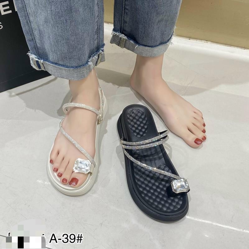 Dép Sandal Xỏ Ngón Đế Bánh Mì Quai Đính Đá, Mặt Đá Vuông Sang Chảnh Đi 2 Kiểu Cho Mùa Hè