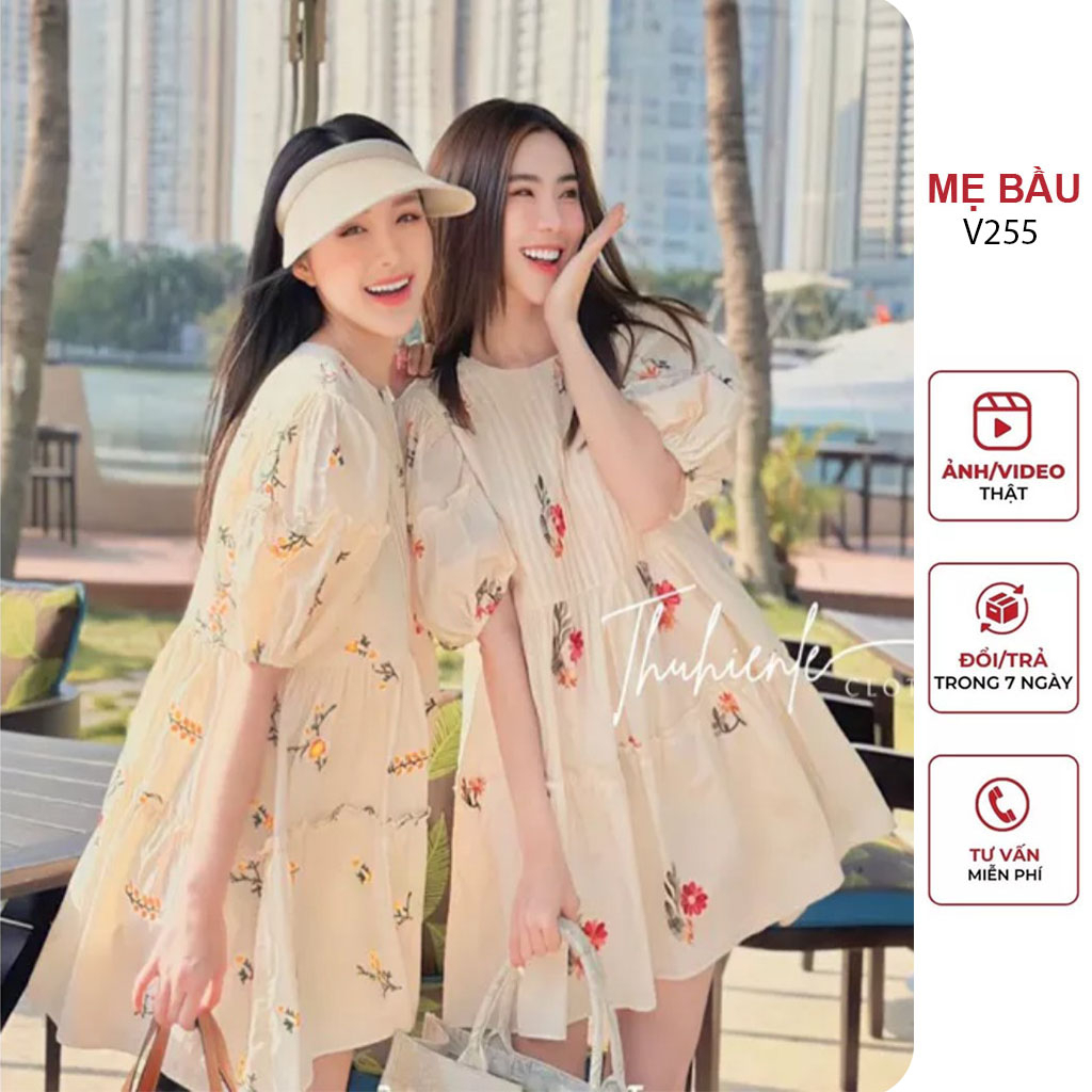 ĐẦM VÁY BẦU CÔNG SỞ MÙA HÈ HÀNG THIẾT KẾ HỌA TIẾT HOA THÊU SIÊU XINH - ĐẦM BẦU BABYDOLL DÁNG TIỂU THƯ ĐẸP BIGSIZE