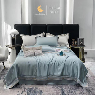 Bộ chăn ga gối lụa tencel 120s chăn chần bông thêu viền kim sa cao cấp luna bedding