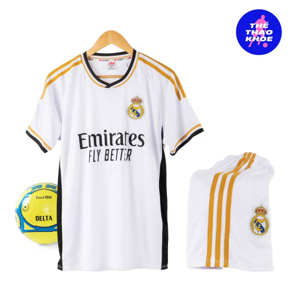 Quần Áo Bóng Đá, Đồ Đá Banh CLB Real Madrid Trắng MẪU MỚI 2023 2024 - Thun Lạnh Cao Cấp, Không Nhăn, Không Xù Lông