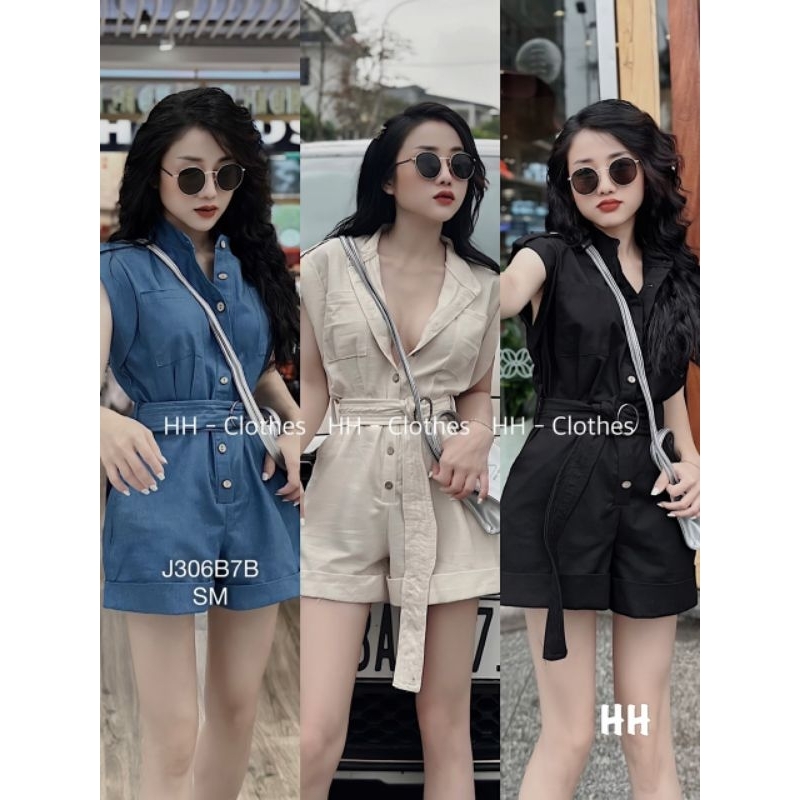 Bộ Jumpsuit Denim Cổ Sơ Mi Liền Quần Đùi Gập Gấu Kèm Dây Phụ Kiện Siêu Hot | BEBEDOLL