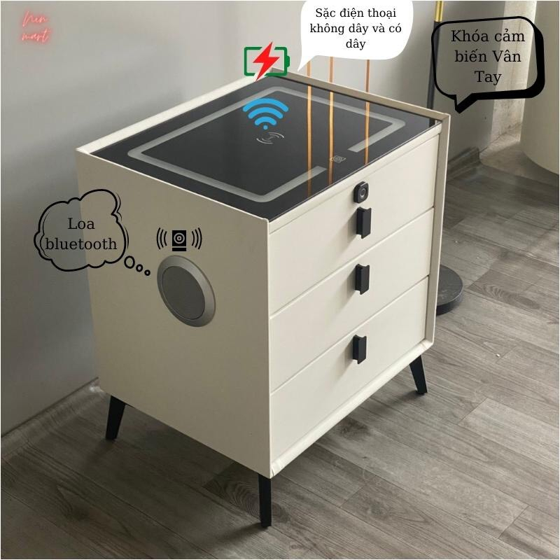 Tủ đầu giường, Tap đầu giường cao cấp 3 ngăn thông minh có khóa vân tay,sạc cảm ứng đèn Led Loa Bluetooth cổng USB