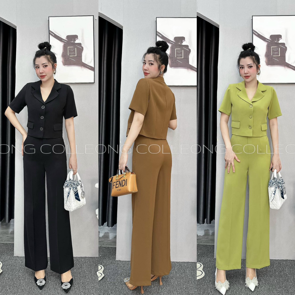 Set bộ đồ nữ công sở áo tay ngắn cổ vest phối quần ống suông cực kì sang chảnh, tôn dáng thích hợp đi làm văn phòng