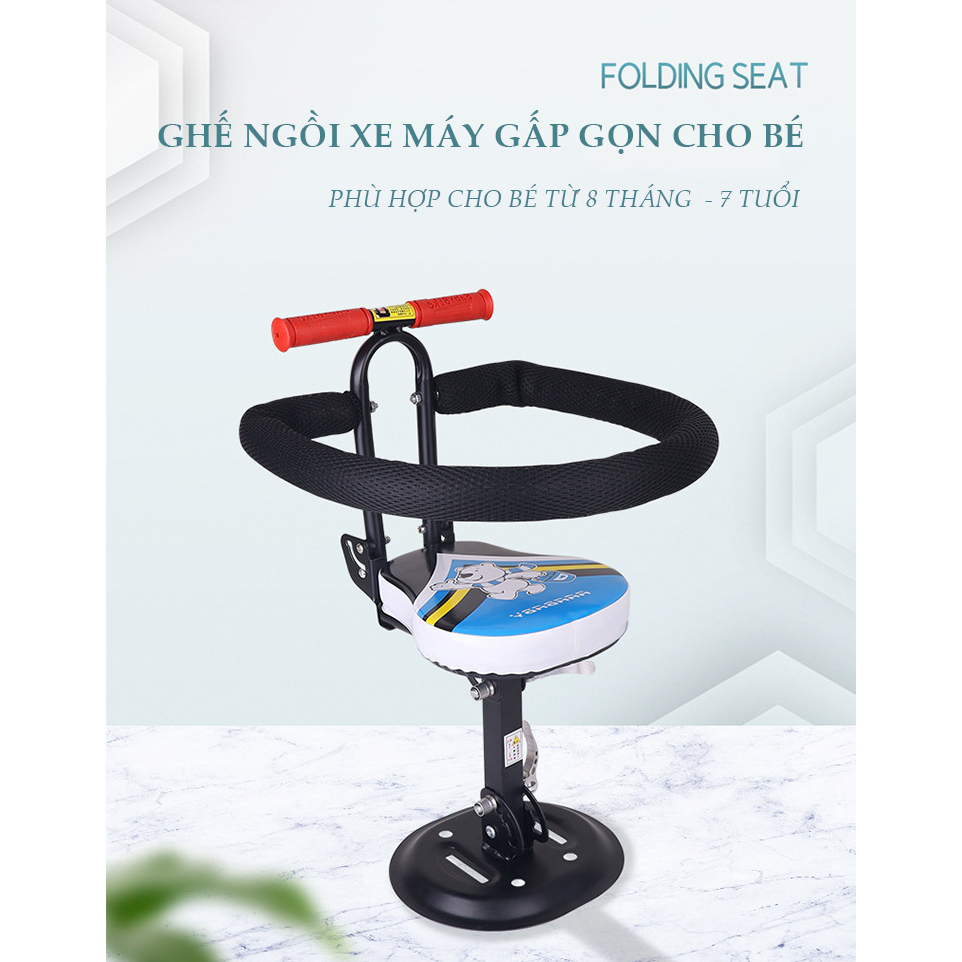 Ghế ngồi xe máy cho bé, Ghế xe máy cho bé ngồi trước xe ga, xe điện gấp gọn chở bé đi an toàn Vision, SH, Lead, Vespa GG