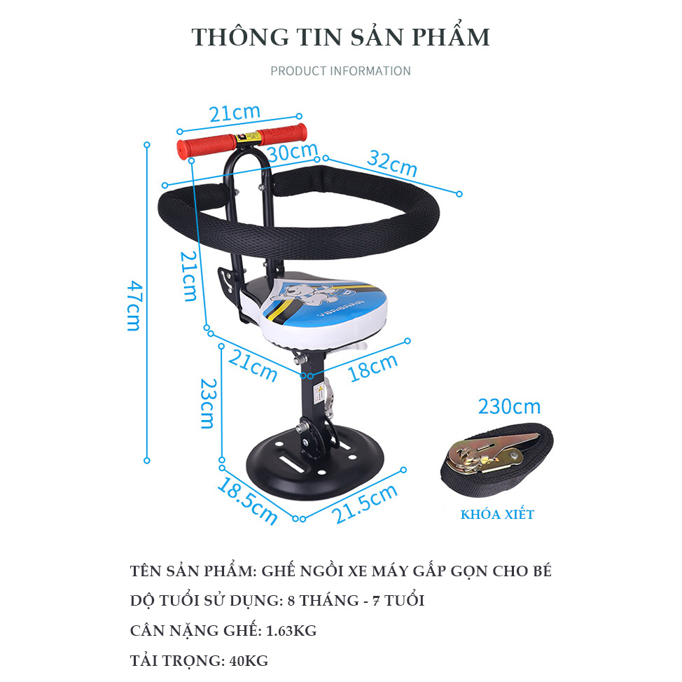 Ghế ngồi xe máy cho bé, Ghế xe máy cho bé ngồi trước xe ga, xe điện gấp gọn chở bé đi an toàn Vision, SH, Lead, Vespa GG