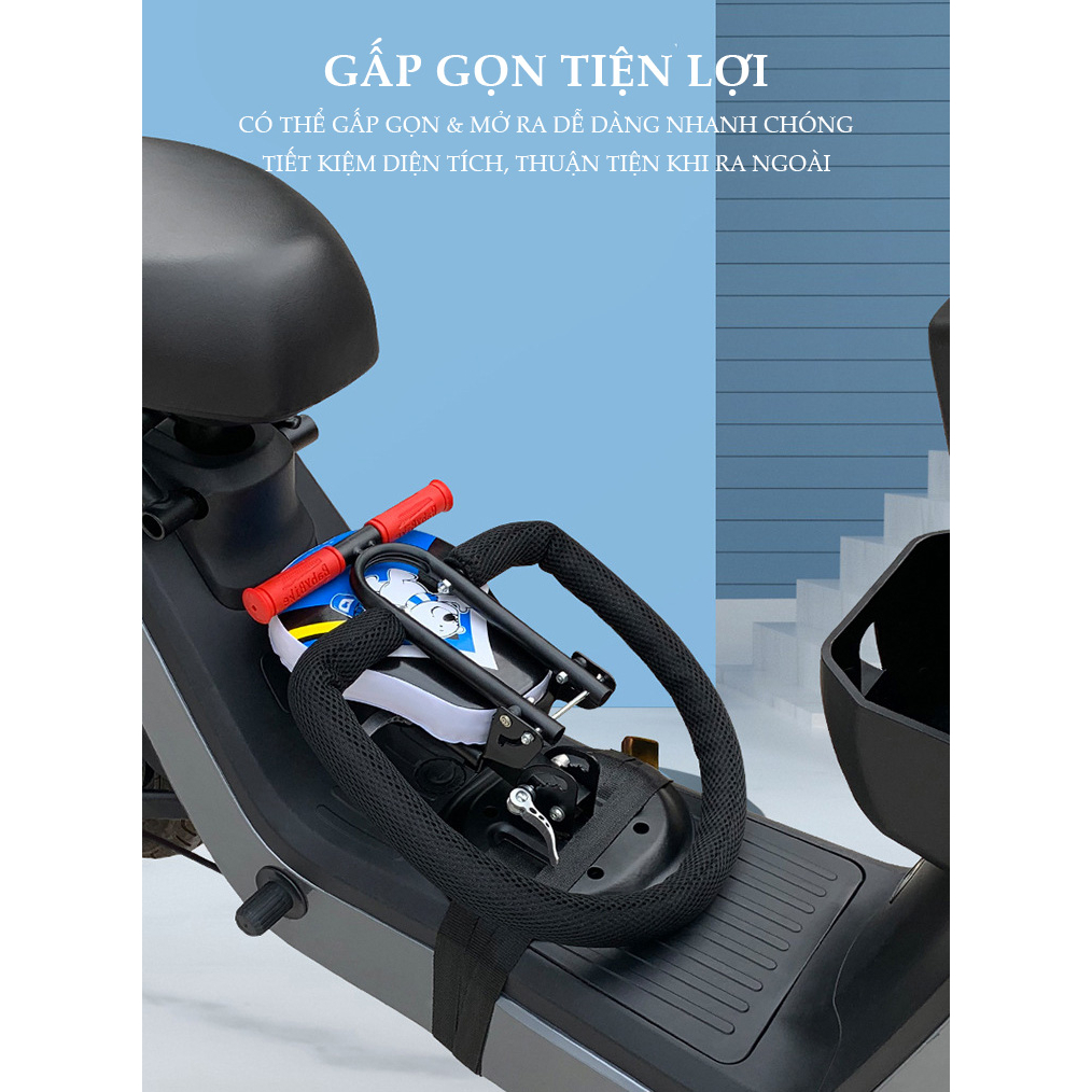 Ghế ngồi xe máy cho bé, Ghế xe máy cho bé ngồi trước xe ga, xe điện gấp gọn chở bé đi an toàn Vision, SH, Lead, Vespa GG