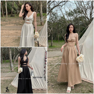 Váy maxi 2 dây bản to nơ ngực cut eo