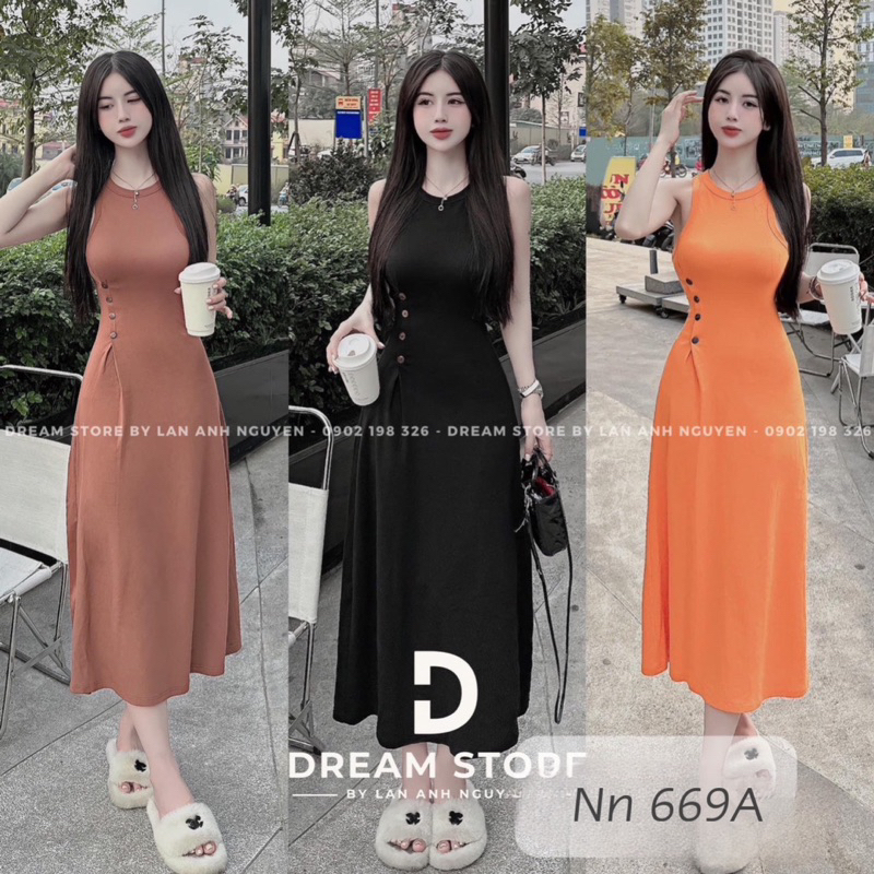 Váy Sát Nách Ôm Body Phối Nút Khuy Chiết Eo Dáng Xoè