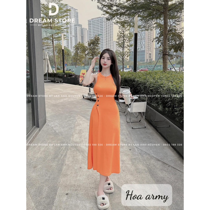 Váy Sát Nách Ôm Body Phối Nút Khuy Chiết Eo Dáng Xoè