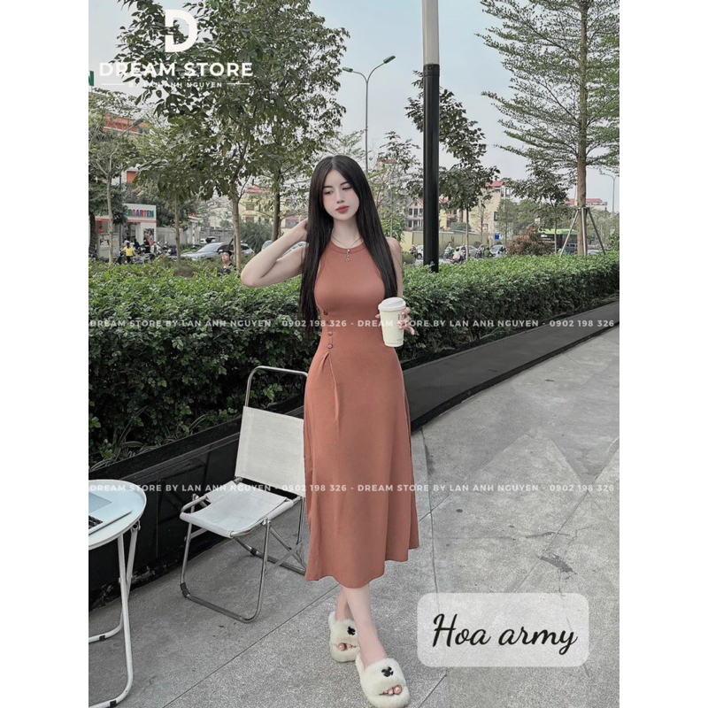 Váy Sát Nách Ôm Body Phối Nút Khuy Chiết Eo Dáng Xoè