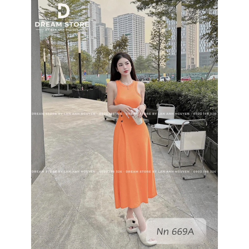 Váy Sát Nách Ôm Body Phối Nút Khuy Chiết Eo Dáng Xoè